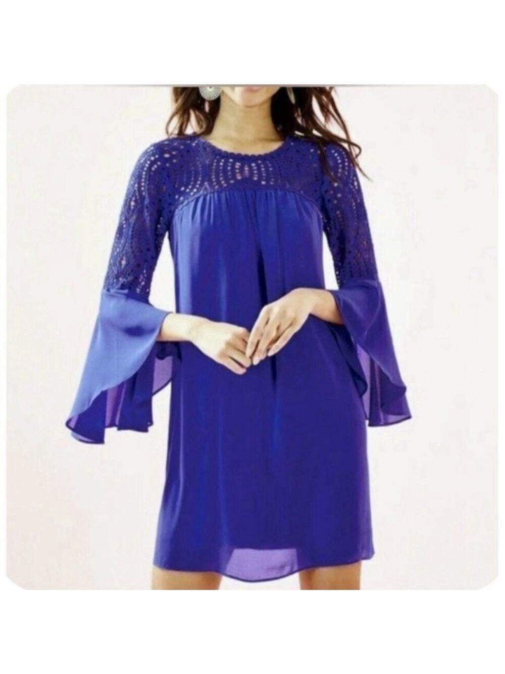 Lilly Pulitzer Amenna Shift Dress 6 Royal Purple Crochet Lace Bell Sleeves